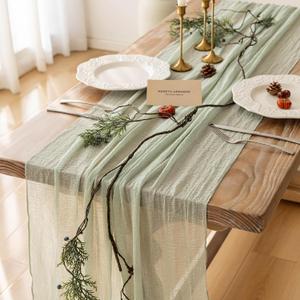2 x Keketoarrange Sage Green Spring Table Runner Cheesecloth 120 Inch 10 FT Rustic Boho Cheese Cloth Runner for Wedding Baby Shower Bridal Shower Sheer Gauze Centerpiece Spring Summer Home Decorations