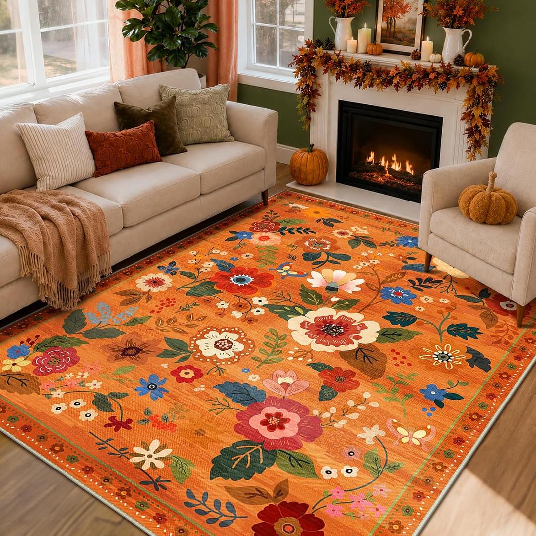 RELEANY Floral Washable 6x9 Area Rugs BurntOrange