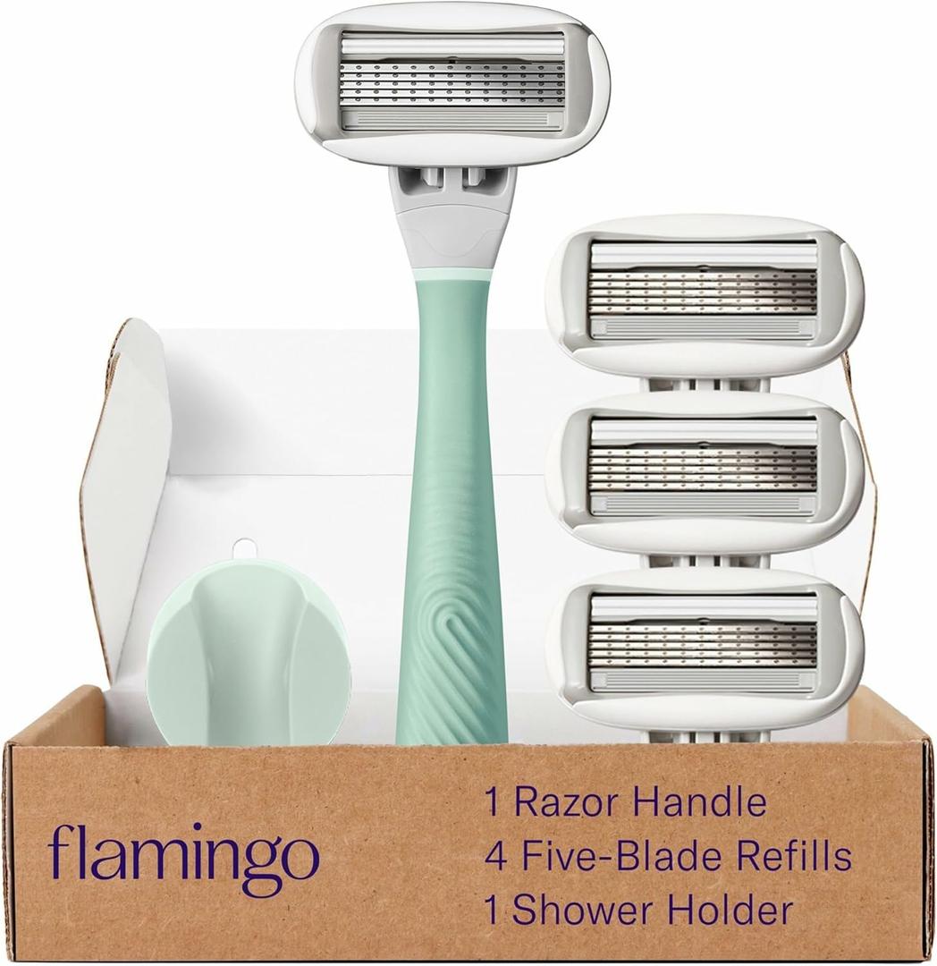 Flamingo Razors for Women, 1 Women's Razor Handle (Sage), 4 Razor Five-Blade Refills, and 1 Shower Holder