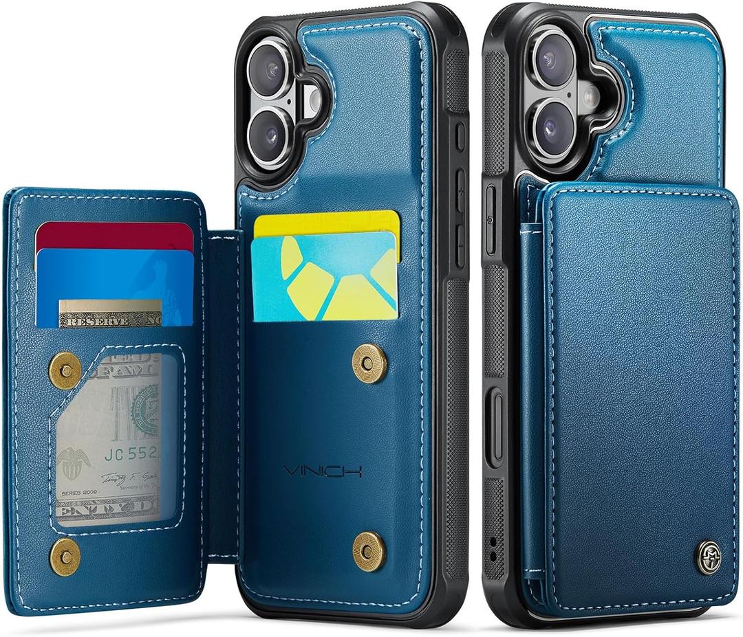 Vinich for iPhone 16 Wallet Case with Card Holder, RFID Blocking Credit Slots Kickstand Shockproof Phone Cover Fit for iPhone 16 6.1" Blue