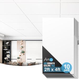 Art3d 10-Pack Smooth Drop Ceiling Tile 2ft x 4ft - Fire-Rated, Waterproof, Reusable - Premium PVC, No Sag and Breakage - Cover 80 Sq. Ft, White (24*48 10pcs)