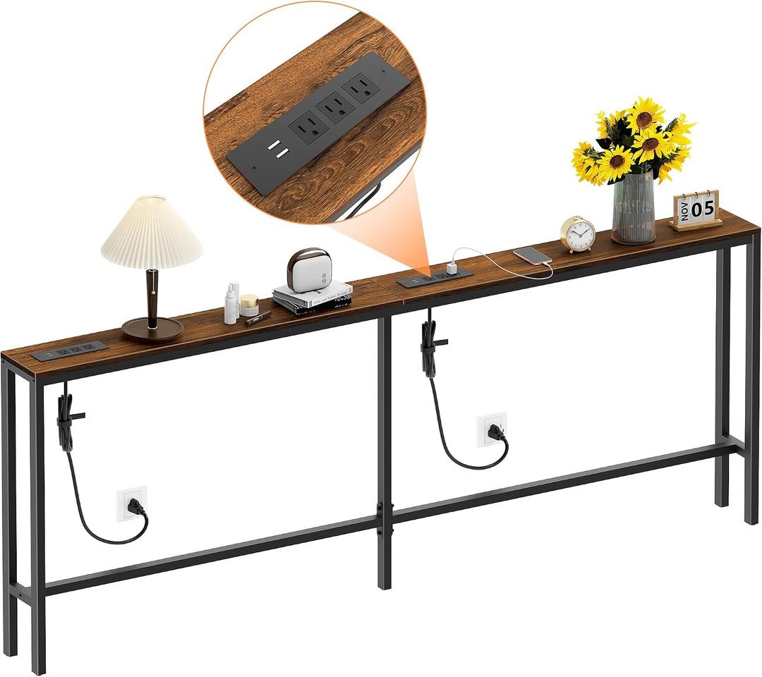 Bathola Narrow Sofa Table with 2 Power Outlets, 79” Thin Console Tables Narrow Long, Behind Couch Table Skinny, Wood Console Tables for Entryway, Living Room, Hallway, Foyer, Rustic Brown