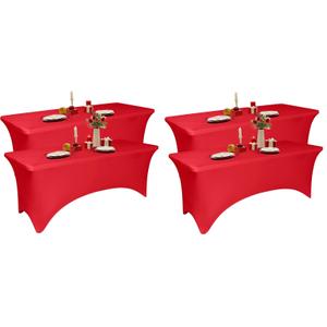Red Stretch Table Skirt/Tablecloth Size 2.5ft (Width)×6ft (Length) Skirt Drop Length:2,5ft Highly Stretchable material Flexible & Snug Fit Perfect for parties, events Decor 4 pieces