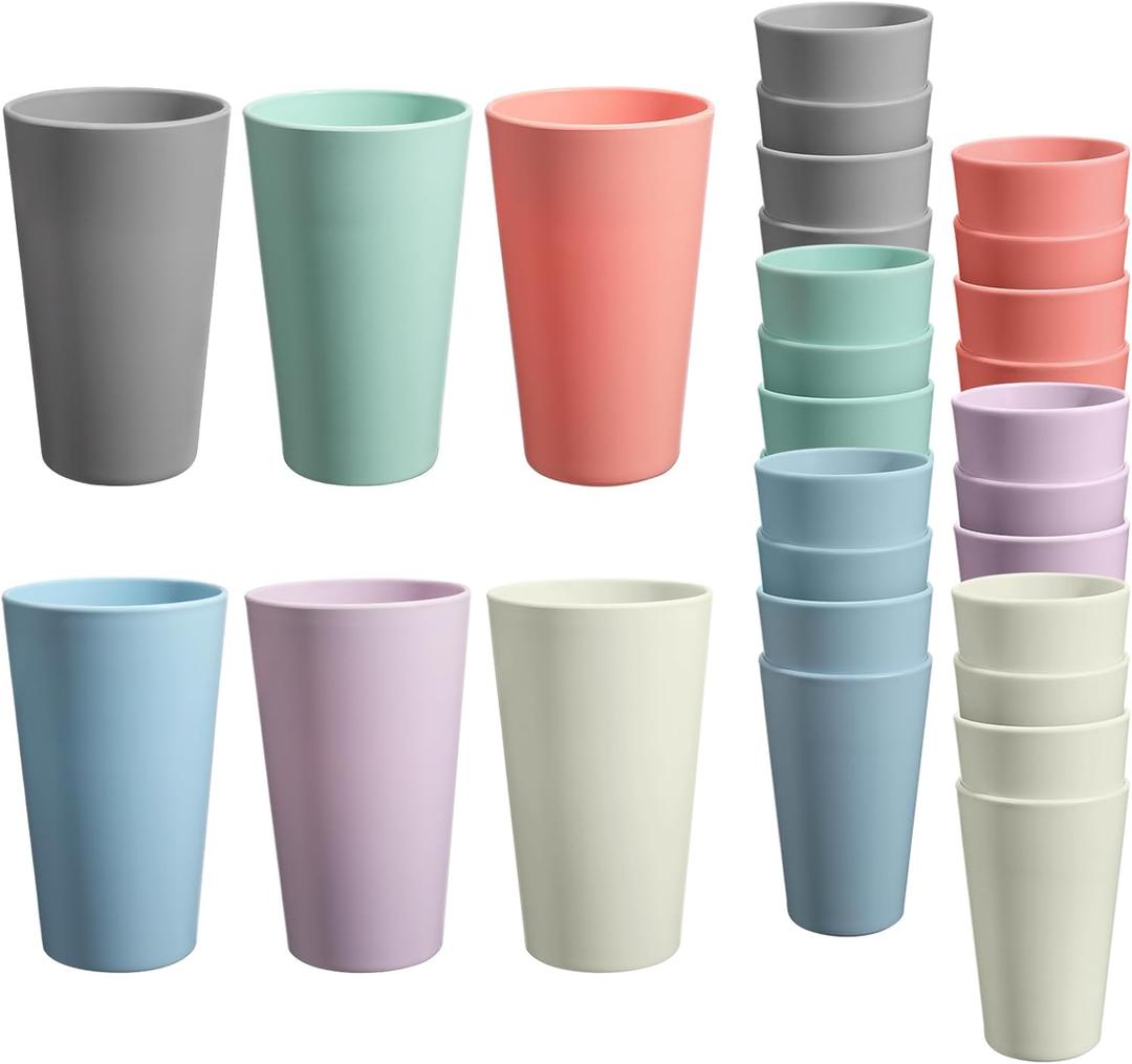 24 Pcs Unbreakable Plastic Cups Set, 20 oz Reusable Plastic Cups, Stackable Water Tumblers, Drinking Cup for Kitchen, Outdoor, BPA-free, Dishwasher Refrigerator and Microwave Safe (20 oz, 6 Colors) (6-Light Multicolor)