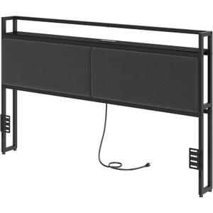 YATINEY King Size Headboard with Storage, Upholstered Headboard with Charging Station, Height Adjustable, Vintage Style, Sturdy and Stable, Rustic Brown, Gray and Black
