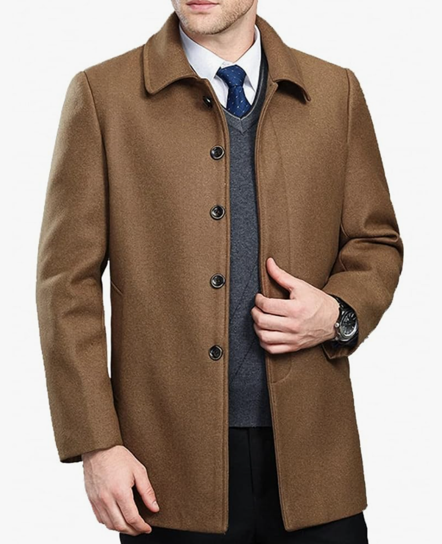 Men's Classical Bussiness Style Single Breasted Plaid Wool Coat, Size Medium 