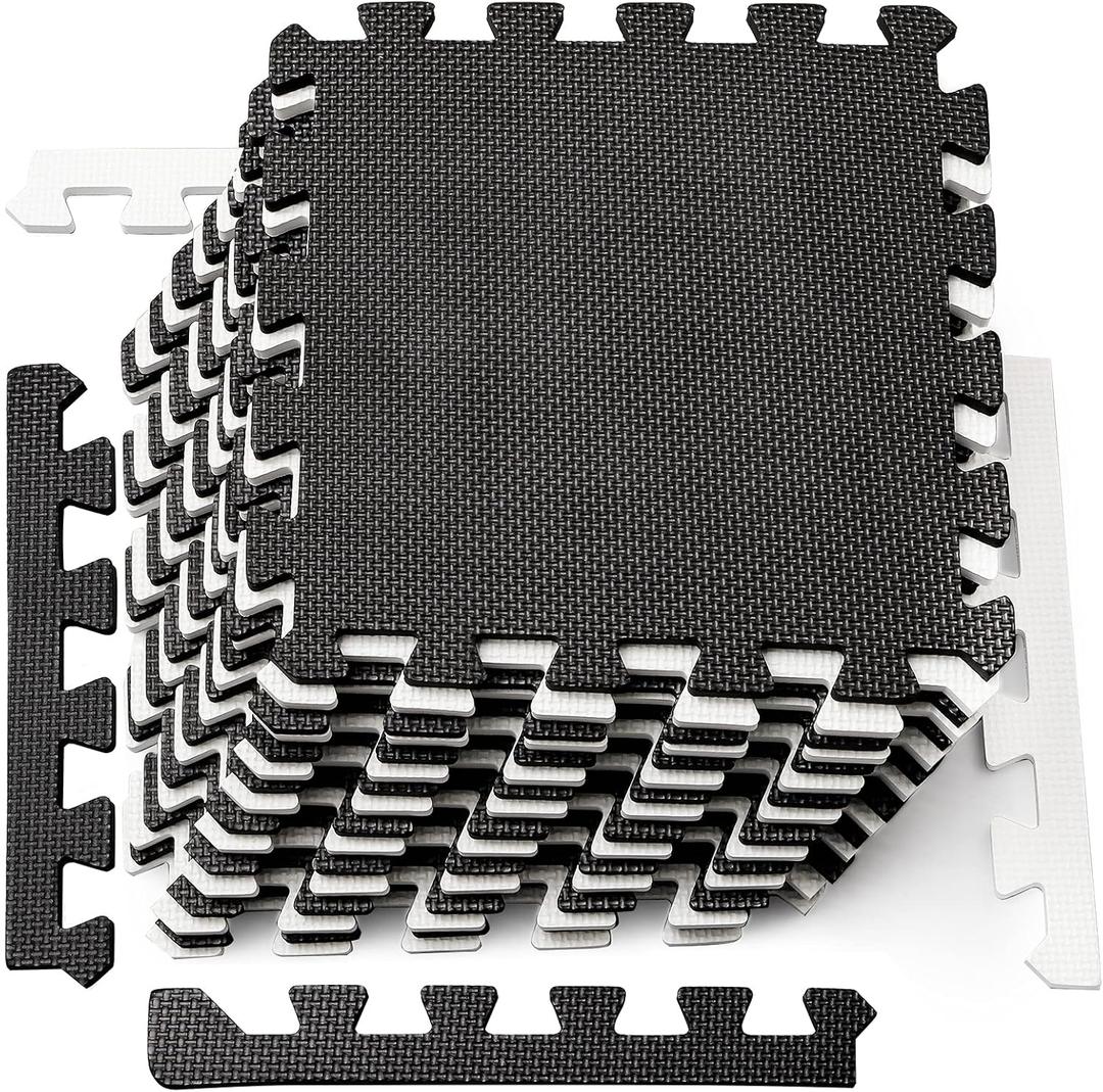 DEAYOU 16 Tiles Foam Mat, EVA Foam Mat, Soft Exercise Mats for Fitness, Play, Gym, 12" x 12", Black and Cream White