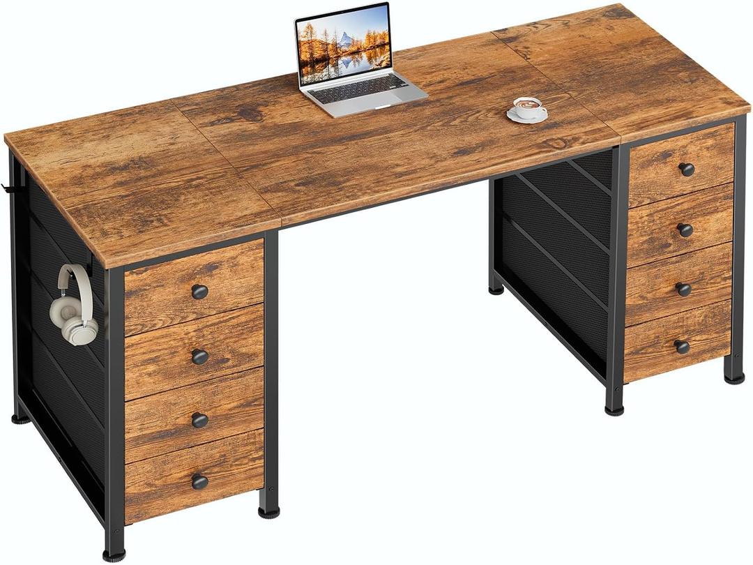 DLisiting Home Office Desk with Drawers for Storage - 55 inch Computer Desk with 8 Fabric Drawer, Writing Study Work Desks with Drawers on Both Sides for Bedroom