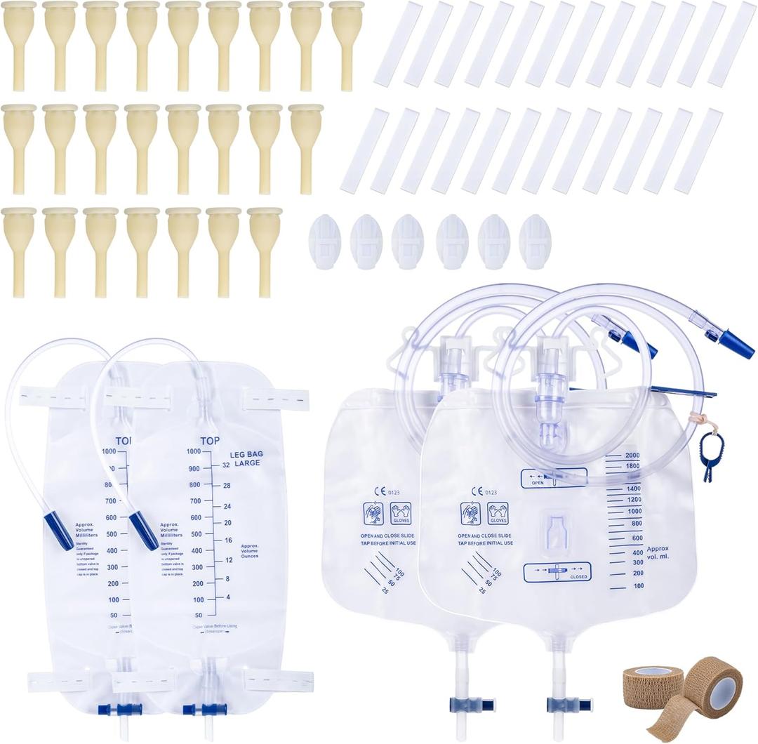 External Condom Catheter for Men Kit, 24 Soft Latex, 6 Catheter Stabilization Devices, 2 x 1000mL Urinary Leg Bags, 2 x 2000mL Overnight Catheter Bag, 2 Roll Tapes Set for Incontinence Men Use (30mm)