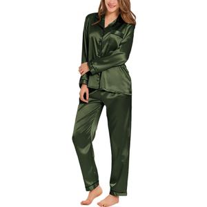 SWOMOG Womens Silk Satin Pajamas Set Long Sleeve Button Down Sleepwear 2 Piece Lounge Set Pj Set, Size: Large