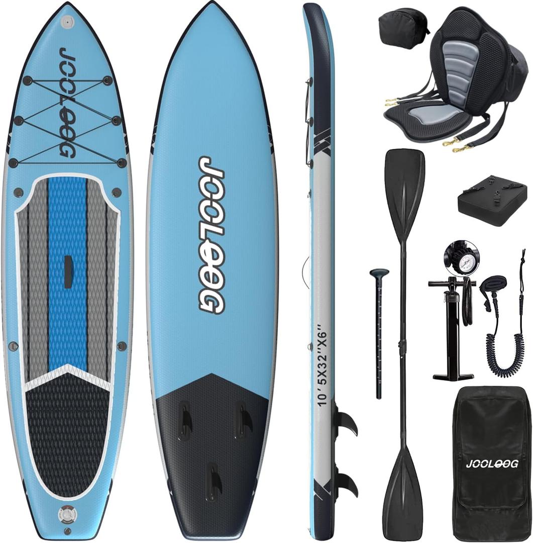 Inflatable Stand Up Paddle Board with Seat, 10'6"/10'5" SUP 440LBS, Recreational Paddleboard for Adults Beginners, Blow Up Paddle Board with Fishing Design, Camera Mount, Cooler Bag & Full Accessories, Blue Gray
