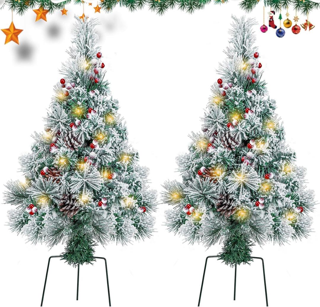 2.5FT Outdoor Pathway Christmas Tree Lighted Pre-Lit Snow Flocked Artificial Christmas Pine Trees Porch Small Xmas Tree Battery Lights with Red Berries, 8 Mode for Entrance,Grave (2PACK) (White)