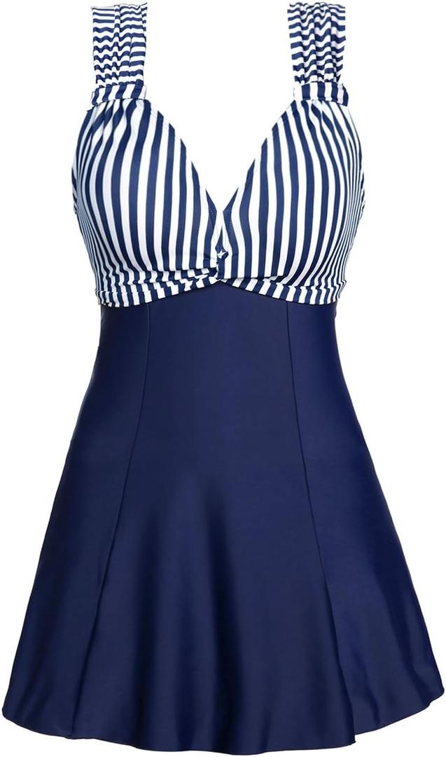 MiYang Women's One Piece High Waist Printing Swim Dress Padded Swimwear (3X-Large, Dark Blue Stripe)