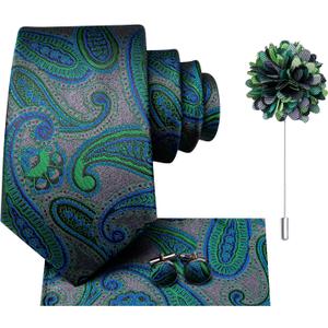 Hi-Tie Mens Silk Ties and Flower Lapel Pin Pocket Square Cufflinks Set 4PCS Necktie for Wedding Business (Green Blue Gray Paisley)