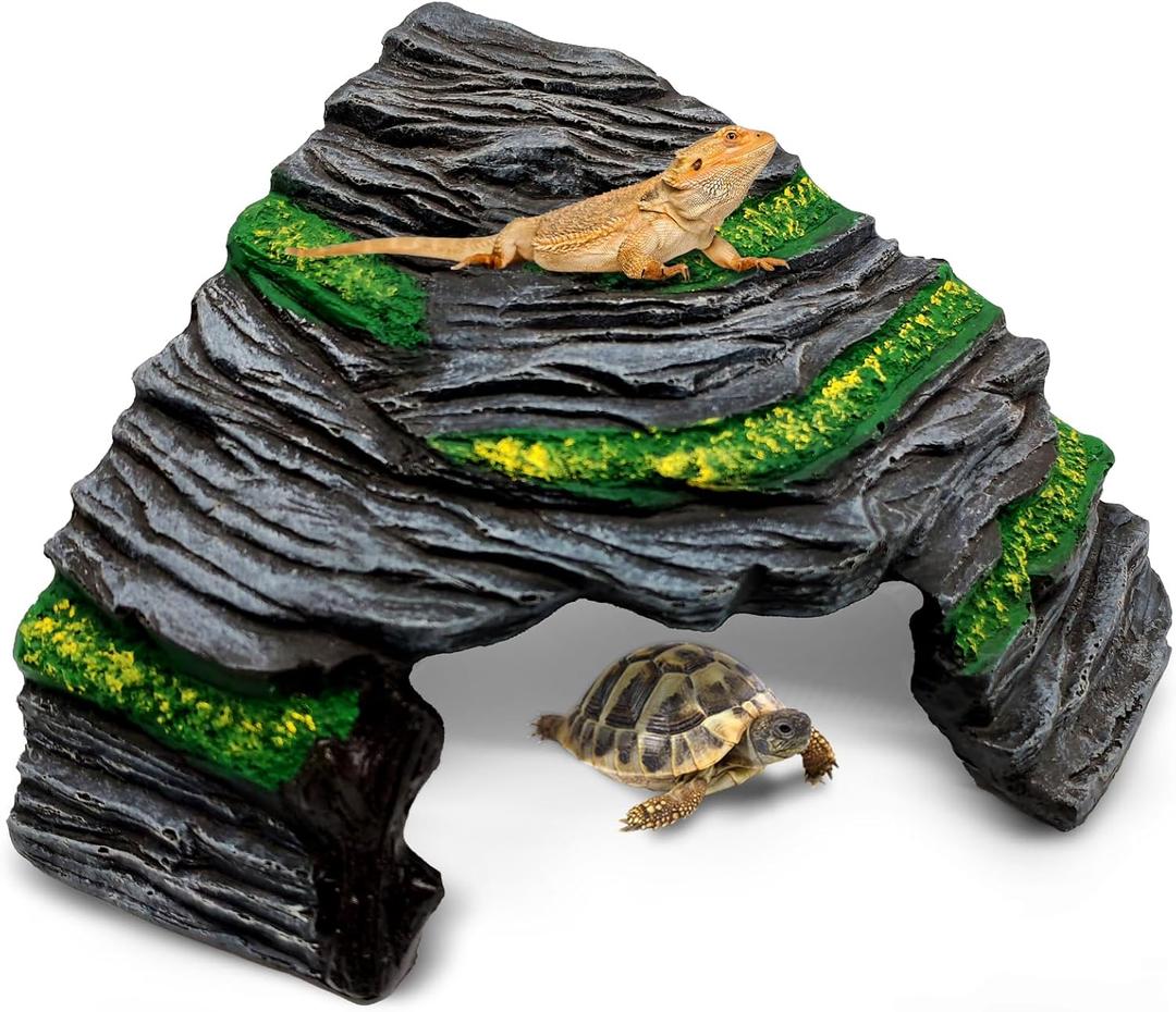GOZILLA Reptile Hideout Cave,Turtle Tank Accessories Decor,Fish Tank Basking Platform for Bearded Dragon,Snake and Leopard Gecko.(Grey Hill-M)