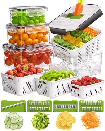 4 Pcs Fruit Storage Containers for Fridge with Vegetable Chopper Set & Removable Colander, Airtight Food Storage Containers with Mandoline Slicer, Dishwasher & Microwave Safe