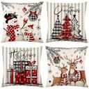 Aursaos Happy Holiday Merry Christmas Plaid Pillow Covers 18x18 Set of 4, Grey Striped Red Buffalo Plaid Snowman Tree Deer Decorative Winter Throw Pillow Case for Couch Sofa Living Room