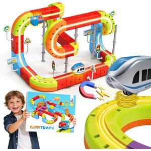 Electric Magnetic Train Toys Set- Flexible Race Track for Kids 3 4 5 6 7 8,stem Gravity Magnetic Roller Car Track for Toddlers,3D Infinity Cube Track Learning Gift Anti-Gravity Design,98 Pcs/2 car