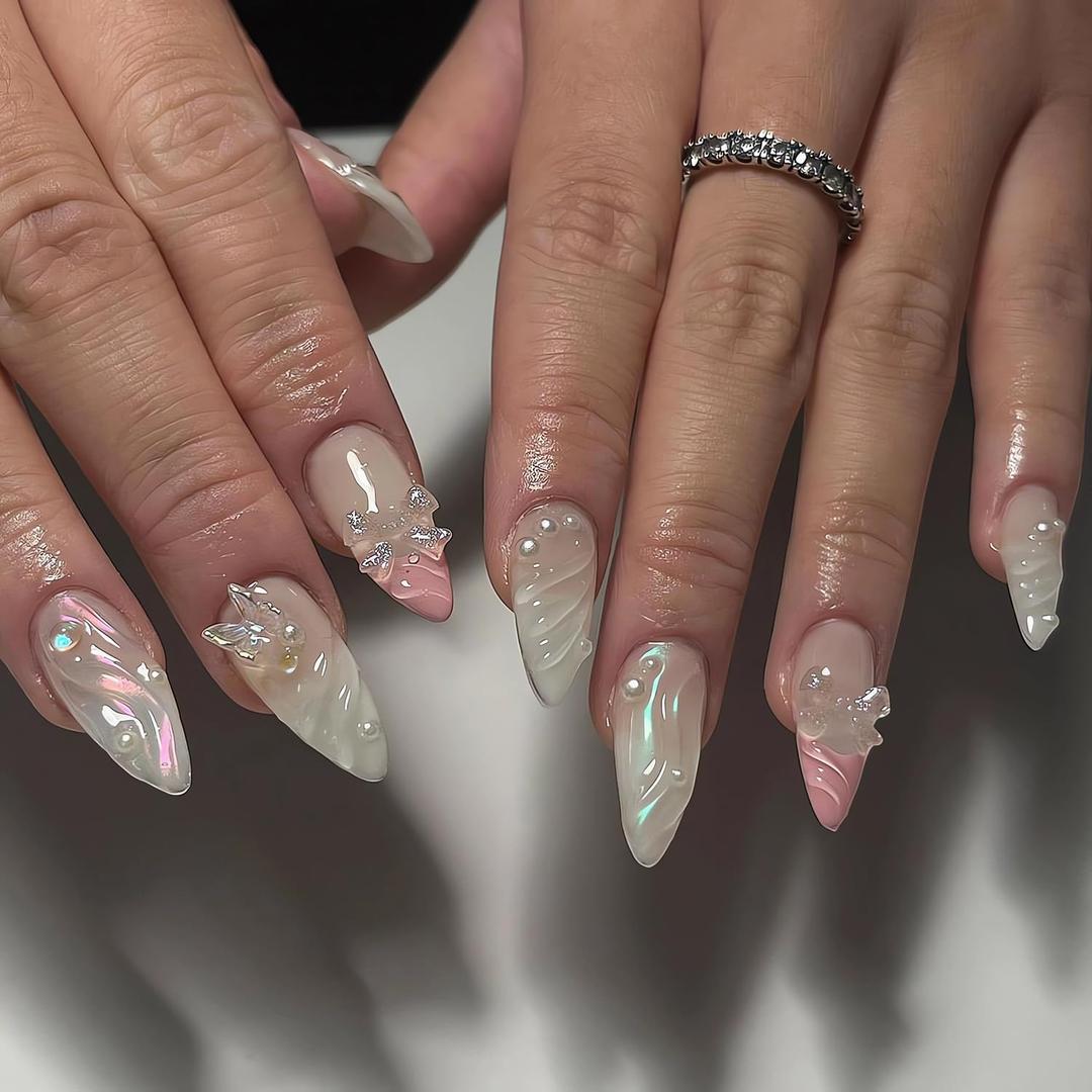 3D Almond Press on Nails Medium Fake Nails Acrylic Handmade Glue on Nails with 3D Butterfly Bow Designs Full Cover Stick on Nails Cute Almond Medium False Nails for Women Manicure 24Pcs