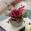 mizii DIY Small Artificial Flowers Potted Kit Fake Flower Realistic Silk Rose and Greenery with Vase for Gifts Table Centerpiece Mantle Office Desk Shelves Living Room Decorations (Burgundy)