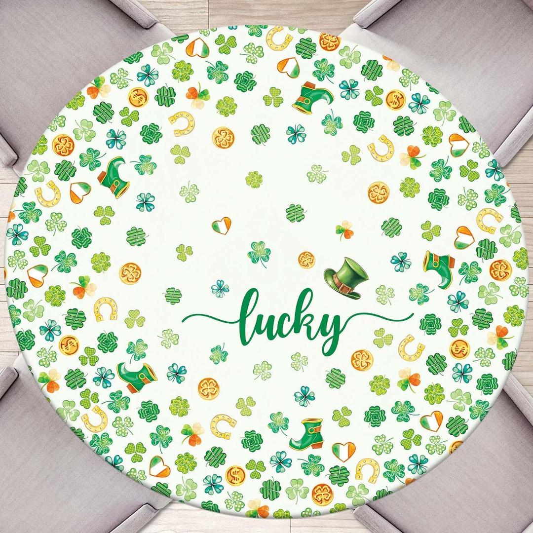 St. Patrick's Day Round Fitted Tablecloth with Elastic Edge Waterproof Washable Green Shamrock Table Cloth Fit 44"-48" Round Table Cover for Kitchen Dining Picnic Outdoor Party Decor