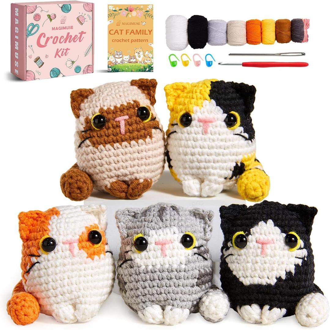 MAGIMUSE Crochet Kit for Beginners, Beginner Crochet Kit with Step-by-Step Video Tutorials, DIY Crochet Animal Kits Amigurumi Craft Knitting Supplies, 5 Pack Cats (40%+ Yarn)