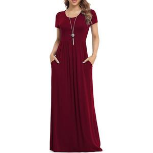 VIISHOW Women's Short Sleeve Floral Dress Loose Plain Maxi Dresses Casual Long Dresses with Pockets, RED, XX-Large