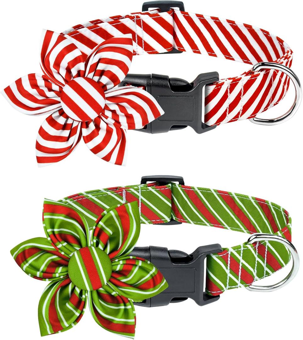 Malier 2 Pack Christmas Dog Collar with Flower, Red Dog Christmas Collar with Buckle Adjustable Cotton Collar for Small Medium Large Dogs Puppy (Small) (Red Stripes and Green Stripes)