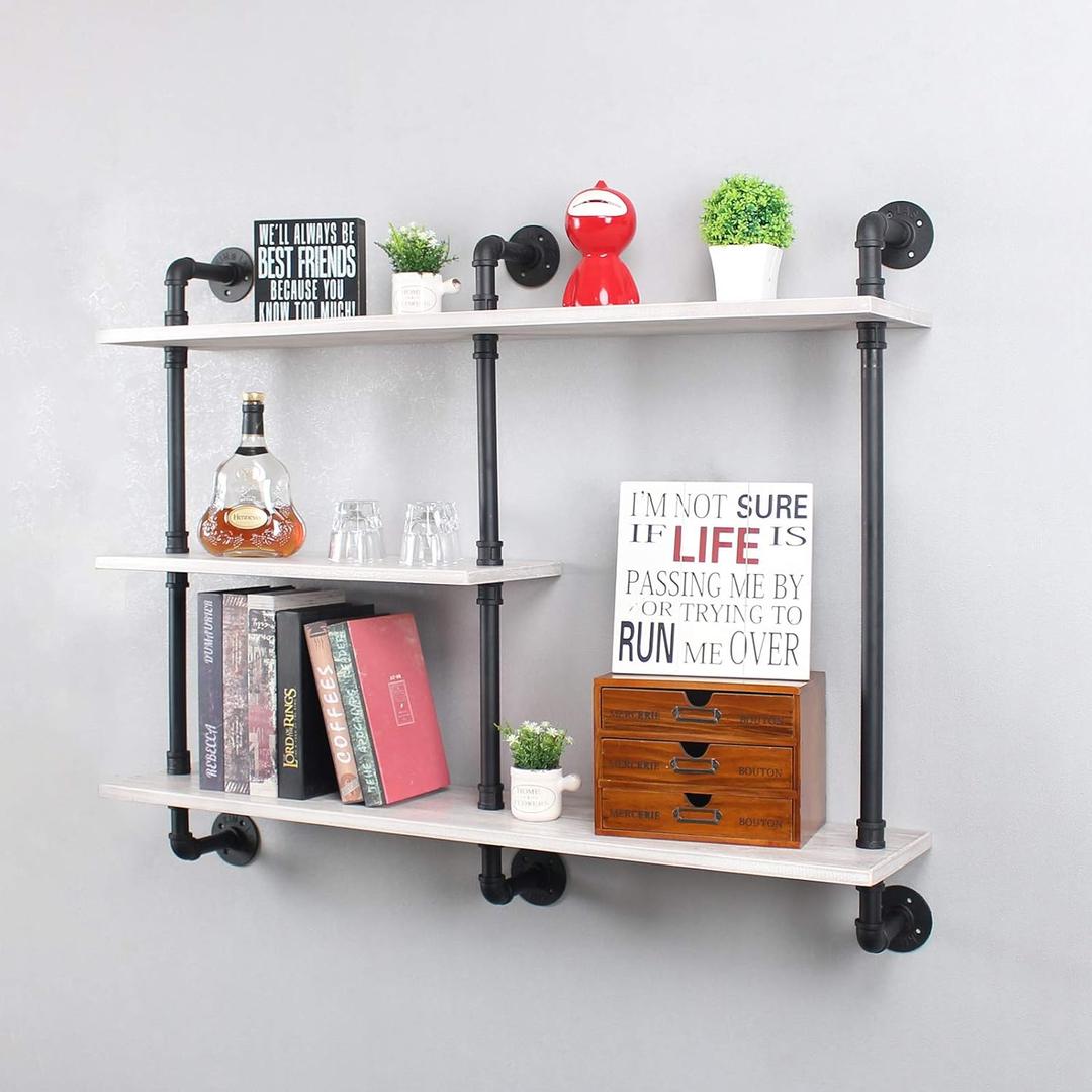 MBQQ Industrial Pipe Shelf with Wood 43.3in,Rustic Wall Mount Shelf 3-Tiers,Metal Hung Bracket Bookshelf,DIY Storage Shelving Floating Shelves,Retro White
