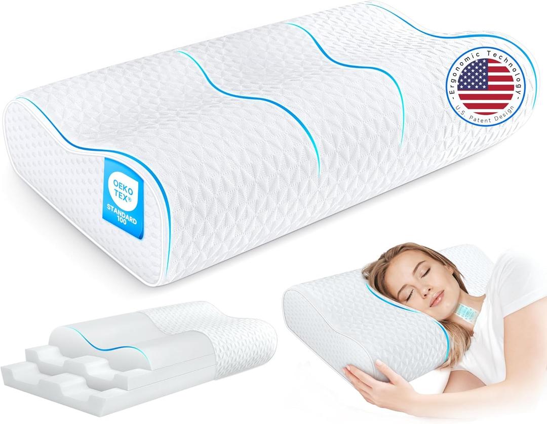 Cervical Neck Cooling Pillow King Size - Sandwich Dynamic Memory Foam Pillows for Sleeping, Adjustable Contour Ergonomic Orthopedic for Side, Back & Stomach Sleepers Soft, White