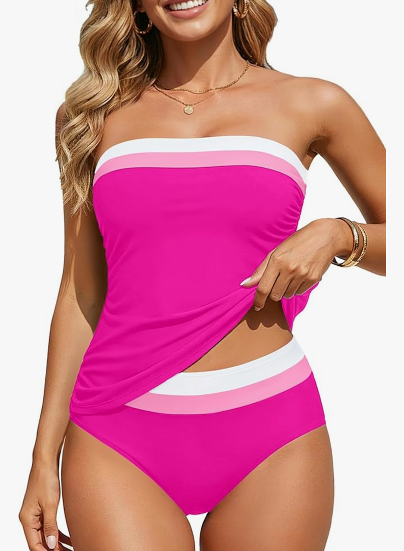 WDIRARA Women's Plus Size 2 Piece Strapless Bandeau Tankini Swimsuits Color Block High Waisted Bathing Suit Pink 3XLarge Plus
