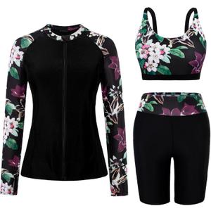 Arolina Womens Rash Guard Long Sleeve Swim Shirts Swimsuit 2026 Bathing Suit with Womens Swim Shorts & Two Pockets (X-Large, Purple Flowers)