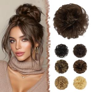 FESHFEN 100% Human Messy Bun - Human Hair Bun Real Elastic Scrunchies Hair Pieces Soft Fluffy Wavy Ponytail Extensions Updo Chignon Hairpieces for Women, Medium Chestnut Brown