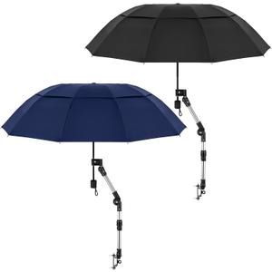 2 Pack Large Double Canopy Chair Umbrella with Clamp Adjustable Sun Shade Beach Chair Umbrella Folding Portable Umbrellas for Outdoor Sports Golf Cart Patio Fishing (55 Inches, Black, Blue)