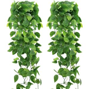 2-Pack Fake Hanging Plants, Faux Hanging Plant Artificial Greenery for Living Room Bedroom Boho Wall Shelf Indoor Outdoor Decor (Green Pothos Ivy Vines)