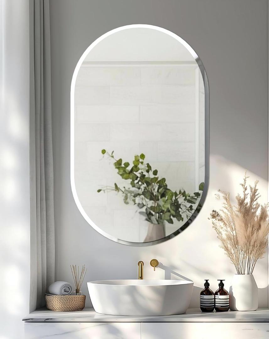 Frameless Oblong Wall Mirror: Decorative Oval Mirrored Glass Vanity with Beveled Silver Edge for Bathroom Bedroom Livingroom Dining Room Entryway Hallway, 32 x 20 inch