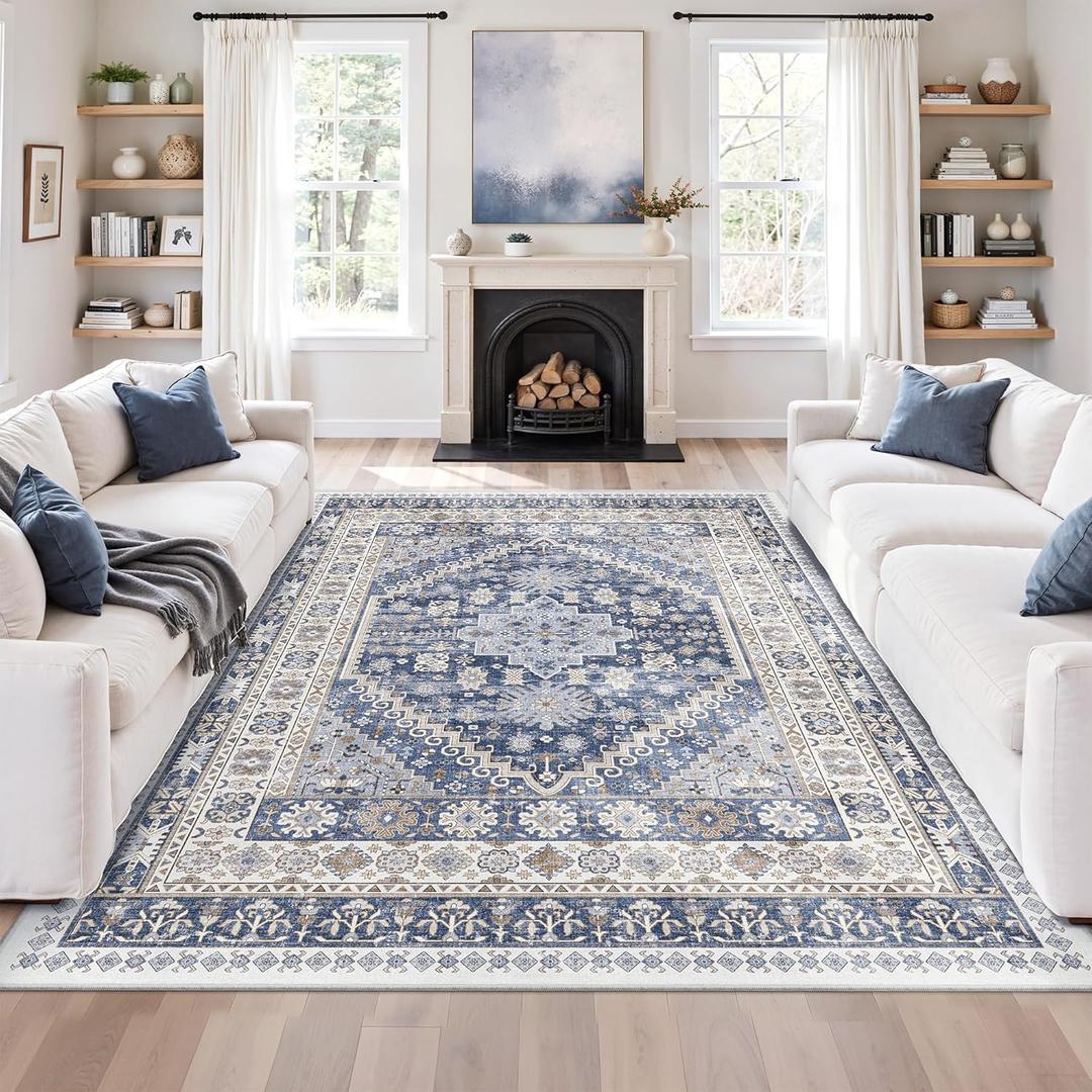 zesthome 6x9 Area Rug, Super Soft Washable Rugs for Living Room, Non-Slip Stain Resistant Vintage Rugs, Ultra-Thin Large Area Rugs (Blue/Beige,6'x9')