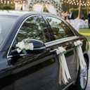 6 Pcs Ivory & White Rose Wedding Car Decoration Kit Bouquet Door Handle & Rearview Mirror Flowers with Satin Ribbon Bows, Gold Leaf, Artificial Floral for Just Married Car Decor (White)