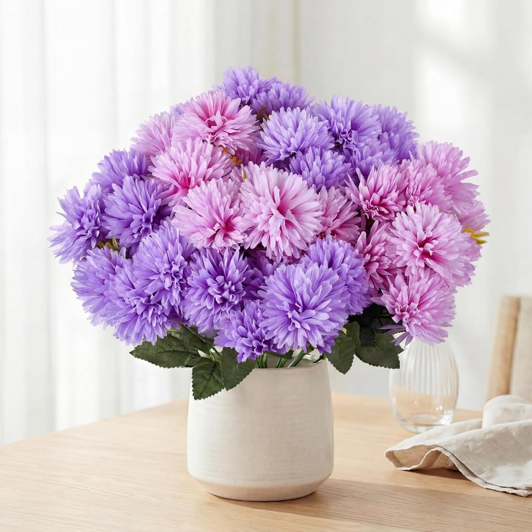 12 Bundles(60 Blooms) Artificial Mums for Outdoor Spring Summer Decor, Silk Faux Chrysanthemums Fake Flowers Look Real UV Resistant for Yard Patio Porch, Indoor, Outside, Wedding Decorations