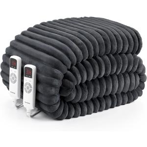 Hansleep Heated Blanket Queen Size Electric Throw Dual Control, Heating Blanket with 9 Heating Levels and 10-Hour Timer Auto Shut Off, Washable Soft Warm Winter Blanket, 80 x 90 Inches, Dark Grey