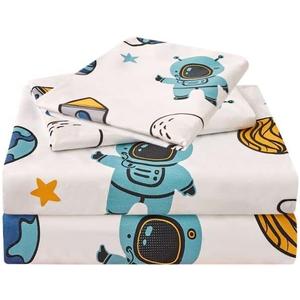 JSD Blue Astronaut Kids Sheet Set Twin Size, 3 Piece Space Rocket Printed Microfiber Bed Sheets Deep Pocket