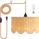 13" Plug in Scalloped Pendant Light, Rattan Hanging Lights with Plug in Cord 15FT Hemp Rope Cord, Dimmable Switch Indoor Hanging Lamps for Boho Living Room Bedroom (Bulb Included)