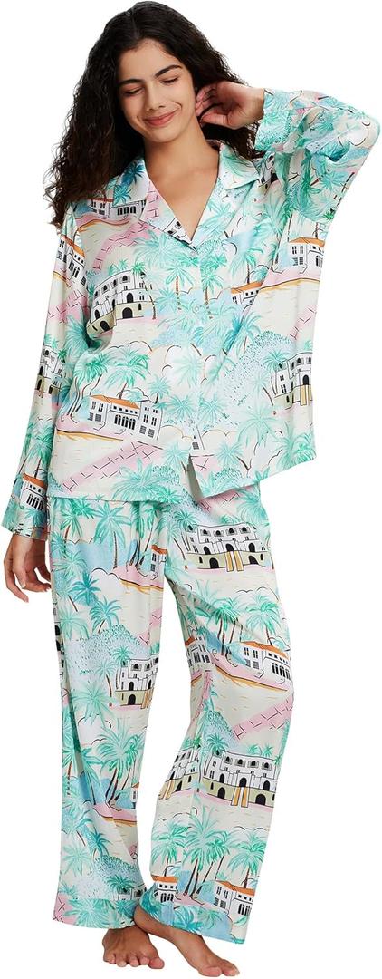 Womens Silk Satin Pajamas Set Button Down 2 Piece Pjs Long Sleeve Oversized Sleepwear with Pockets (Small, Green Palm)