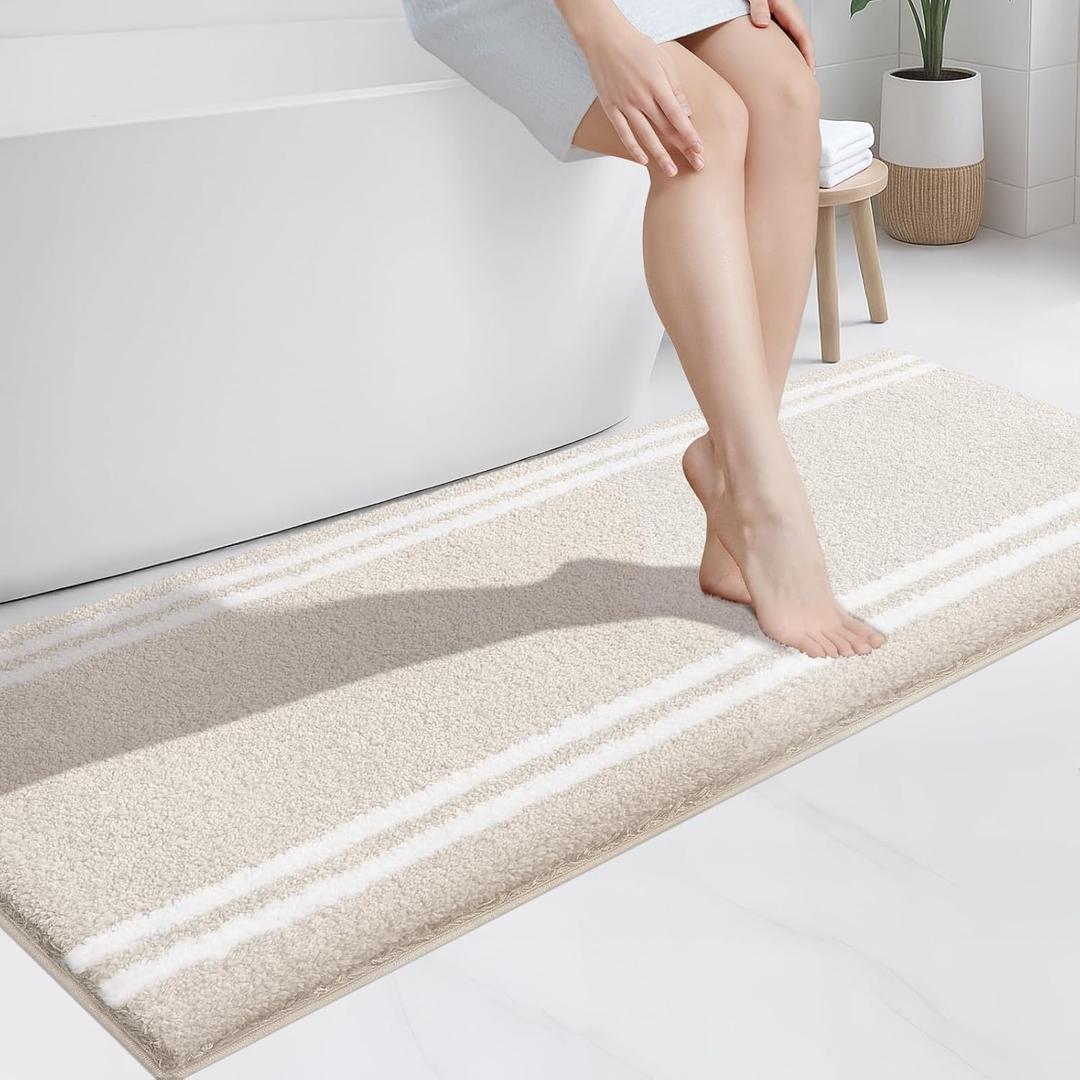 PURRUGS Bathroom Rug Non-Slip Machine Washable 24" x 60", Super Absorbent and Quick Dry Shaggy Microfiber Bath Mat, Extra Soft and Plush Bath Rug for Bathtub, Shower, and Sink, Beige