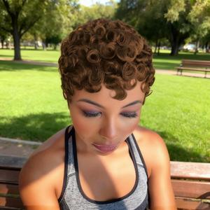 Pixie Cut Wigs for Black Women, Dark Brown Short Layered Curly Human Wigs With Bangs 150% Density Wear Go Glueless Wig for Daily Natural Looking(#4, 6 inch)