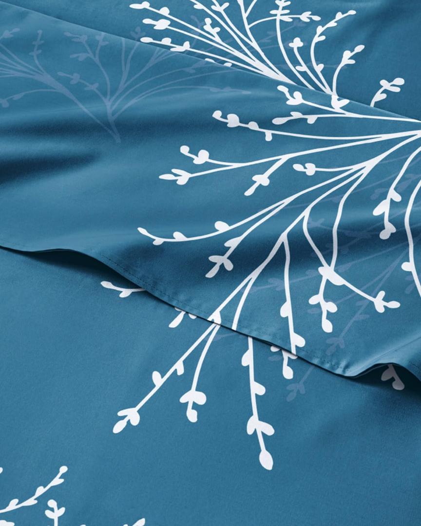 Floral Sheets - Blue & White Floral Bed Sheet Set - 1 Flat, 1 Fitted & 2 Pillowcases w/ Deep Pockets - Wrinkle & Fade Free - Boho Botanical Bedding - Ultra-Soft, Breathable & Cooling - King Size Set (07 - Sea Spray)