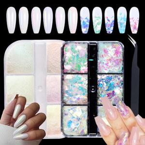 6 Colors Chrome Nail Powder Metallic Mirror Effect White Pearl Chrome Powder for Nail Art, Mermaid Flake Nail Glitter Sequins Colorful Fluorescent Glass Paper Nail Decoration