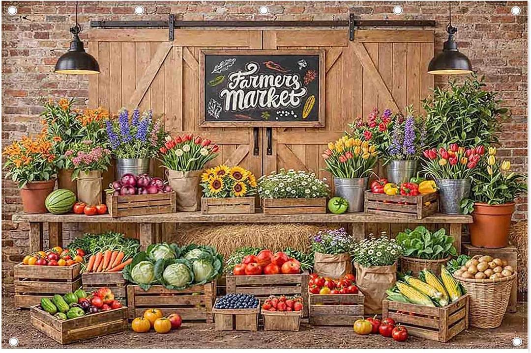 12x8ft Fabric Farmers Market Backdrop Fresh Vegetables Flowers Wooden Barn Spring Photography Background Baby Shower Birthday Party Decorations Photo Banner Props