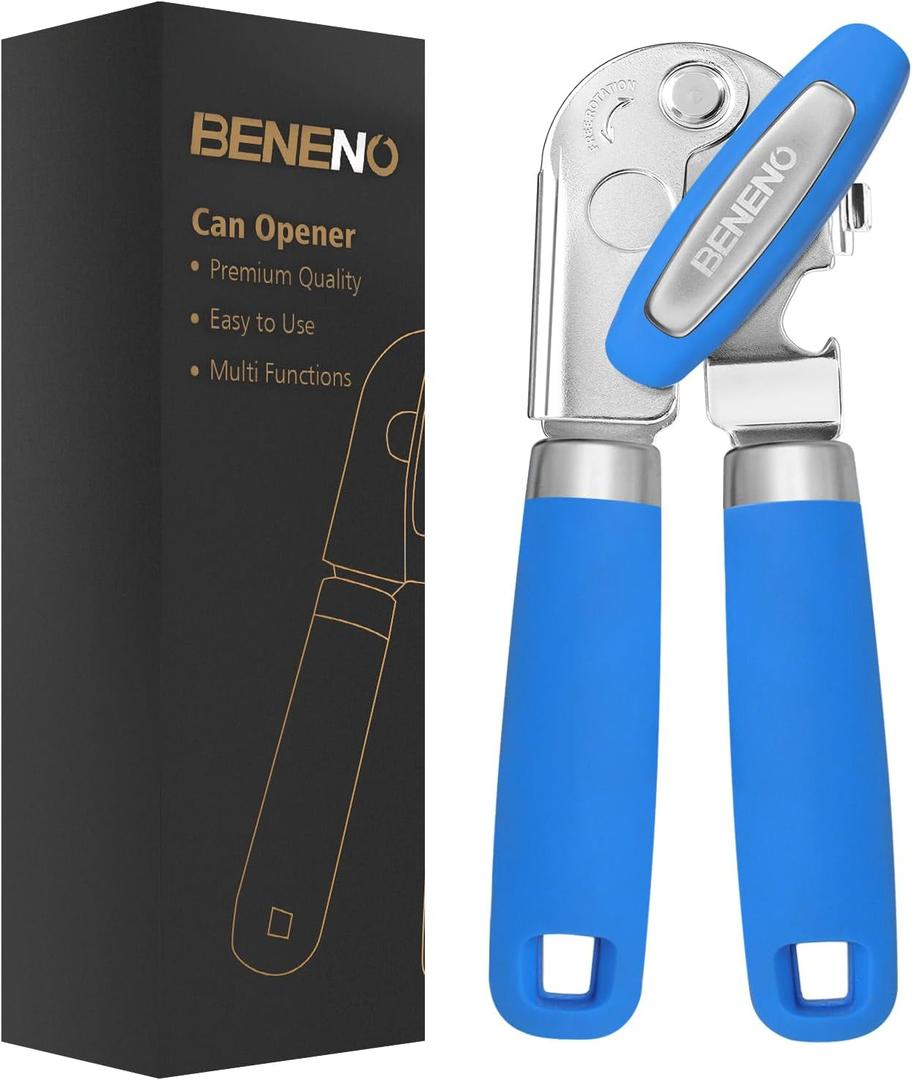 Beneno Heavy Duty Hand Can Opener Manual with Magnet, Durable Sharp Carbon Steel Blade Smooth Cutting, Big Effort-Saving Knob & Soft Grip Handle, Multifunctional Bottle Opener, Klein Blue