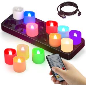 SoulBay Flameless Candles Color Changing Rechargeable, 12pcs LED Flickering Tea Lights Votives Candle with Charging Base & Remote Timer for Room Table Party Halloween Decorations, Multicolor, 1.57"